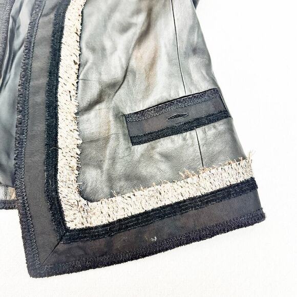 BCBG Maxazria Leather Fringe Accent Blazer Jacket Contrast Trim MINT Size Small - Picture 3 of 8